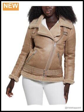 GUESS Lena Belted Faux Shearling Moto Jacket with Asymmetrical Zip, Long